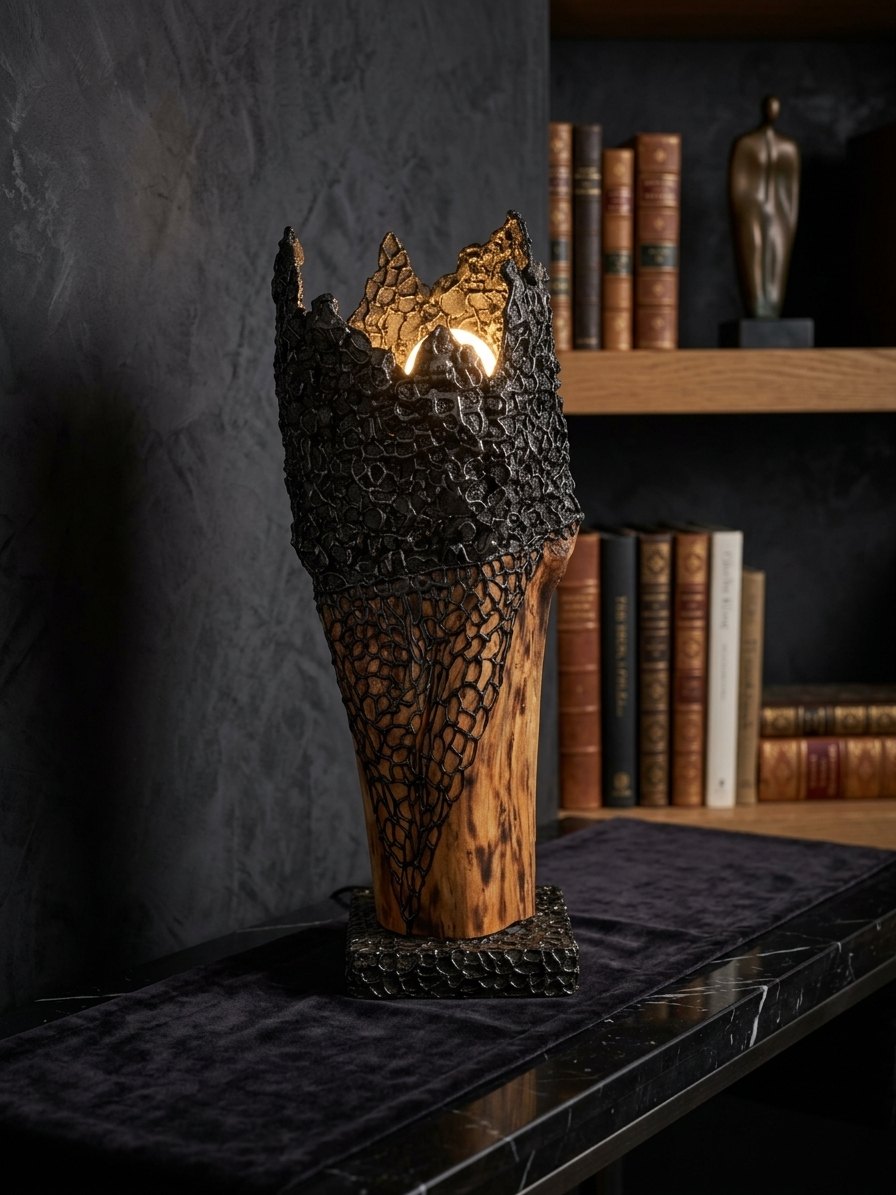 Racine d'Éternité — lampe en bois flammé allumée dans une bibliothèque